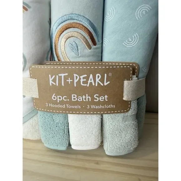 Kit + Pearl 6 Piece Baby Bath Set 3 Hooded Towels 3 Washcloths Unisex NWT - Picture 2 of 7